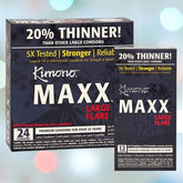 Two boxes of Kimono Maxx Flared Large Size Condoms by Kimono are displayed. The left box contains 24 condoms, while the right holds 12. Both boxes highlight features such as being 20% thinner for a barely there feeling, made with sensitive latex, and 5X tested. They also offer a new flared shape for enhanced comfort and reliability.